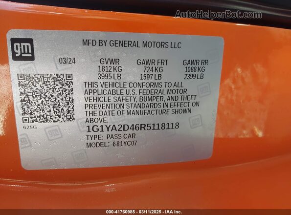 1G1YA2D46R5118118 2024 CHEVROLET CORVETTE Оранжевый Вид подкапотного пространства