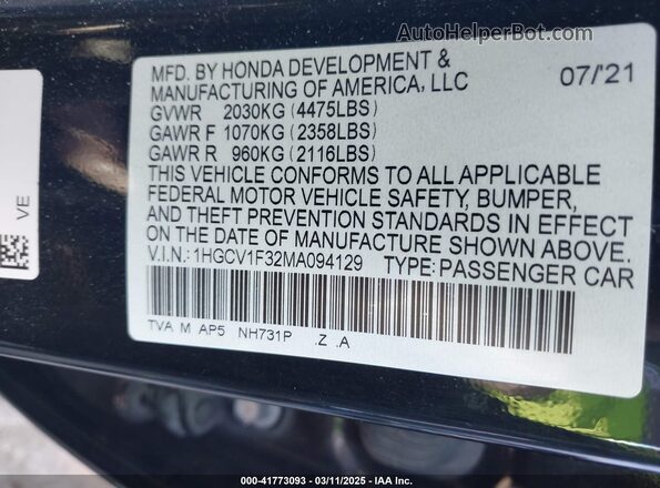 1HGCV1F32MA094129 2021 HONDA ACCORD Черный Вид подкапотного пространства