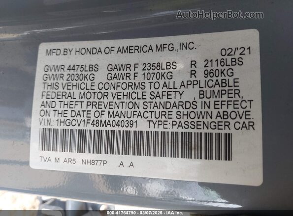 1HGCV1F48MA040391 2021 HONDA ACCORD Серый Вид подкапотного пространства