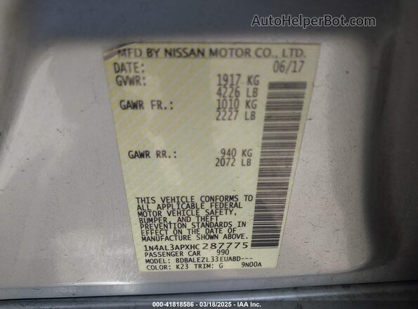 1N4AL3APXHC287775 2017 NISSAN ALTIMA Silver Engine compartment view