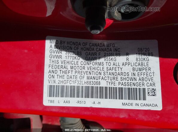 2HGFC1F32LH683068 2020 HONDA CIVIC Red Widok komory silnika
