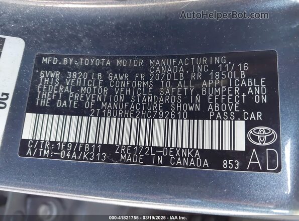 2T1BURHE2HC792610 2017 TOYOTA LL Серый Вид подкапотного пространства