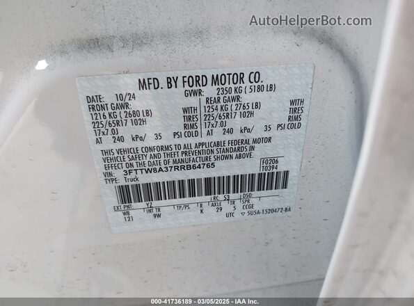 3FTTW8A37RRB64765 2024 FORD MAVERICK Белый Вид подкапотного пространства
