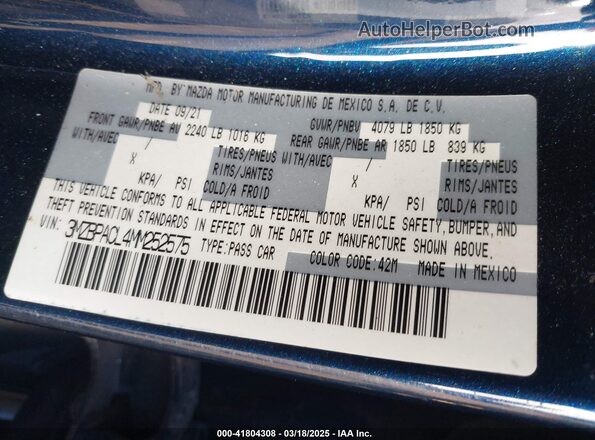 3MZBPACL4MM252575 2021 MAZDA 3 Navy Vista del compartimento del motor