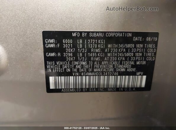 4S4WMAHD3L3412746 2020 SUBARU ASCENT Желто-коричневый Вид подкапотного пространства