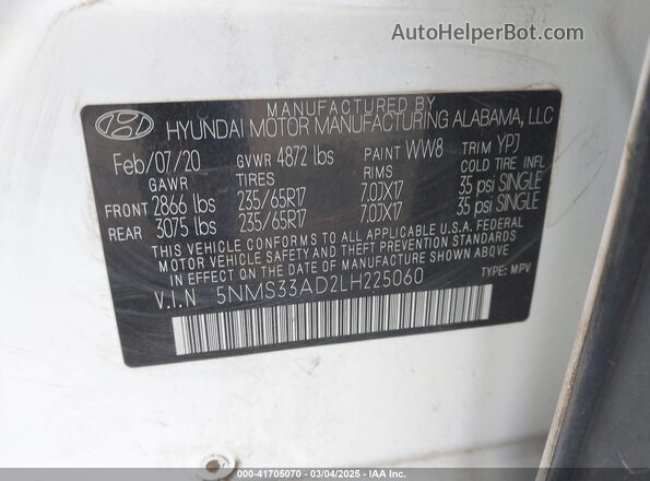 5NMS33AD2LH225060 2020 HYUNDAI SANTA FE White Widok komory silnika