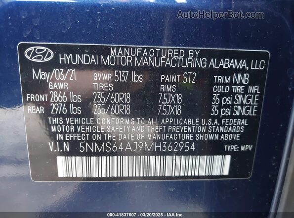 5NMS64AJ9MH362954 2021 HYUNDAI SANTA FE Синий Вид подкапотного пространства