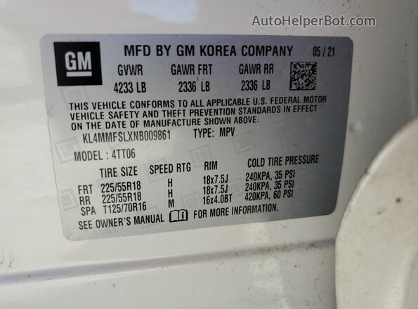 KL4MMFSLXNB009861 2022 BUICK ENCORE Белый Вид наклейки с VIN-кодом