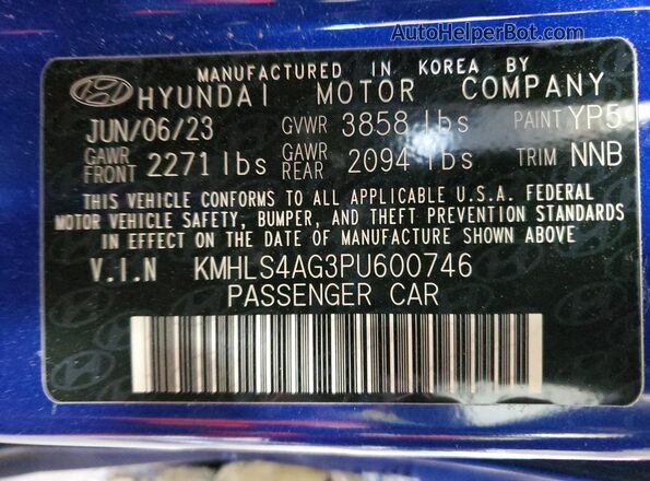 KMHLS4AG3PU600746 2023 HYUNDAI ELANTRA Blue Вид підкапотного простору