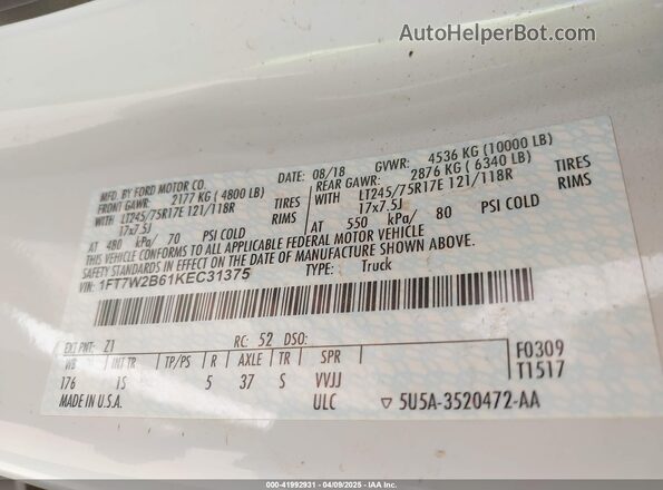 1FT7W2B61KEC31375 2019 FORD F-250 Белый Вид подкапотного пространства
