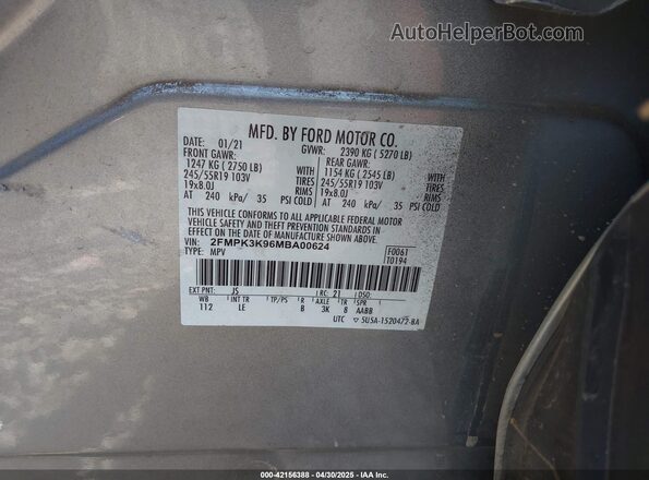 2FMPK3K96MBA00624 2021 FORD EDGE Silver ძრავის განყოფილების ხედი