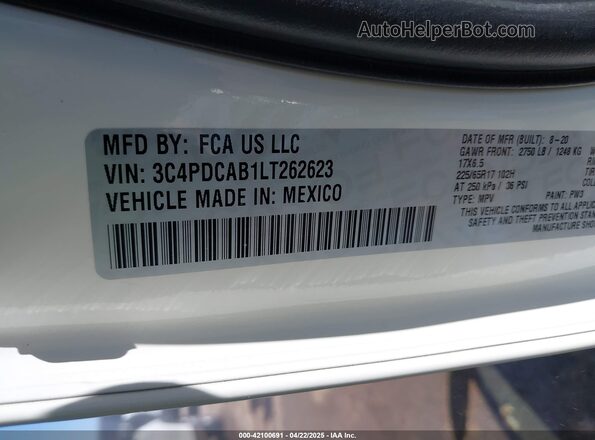 3C4PDCAB1LT262623 2020 DODGE JOURNEY White Вид підкапотного простору