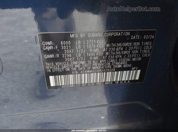 4S4WMASD8R3428328 2024 SUBARU ASCENT Blue Engine compartment view