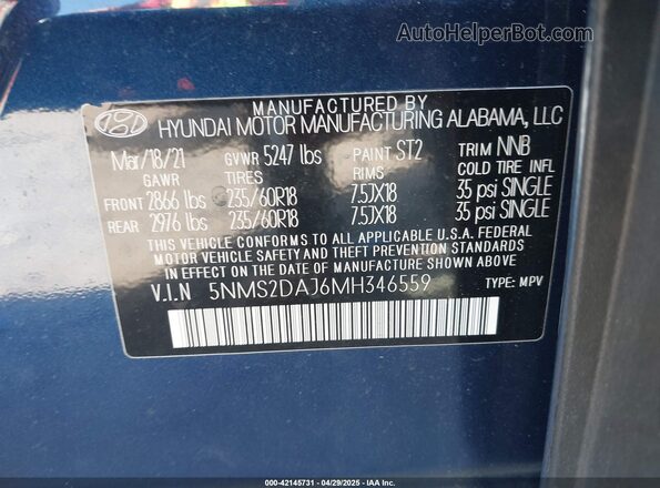 5NMS2DAJ6MH346559 2021 HYUNDAI SANTA FE Dark Blue Вид подкапотного пространства