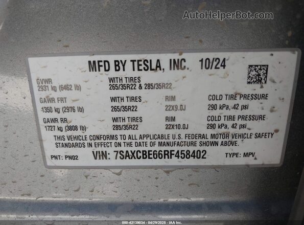 7SAXCBE66RF458402 2024 TESLA MODEL X Silver Вид підкапотного простору