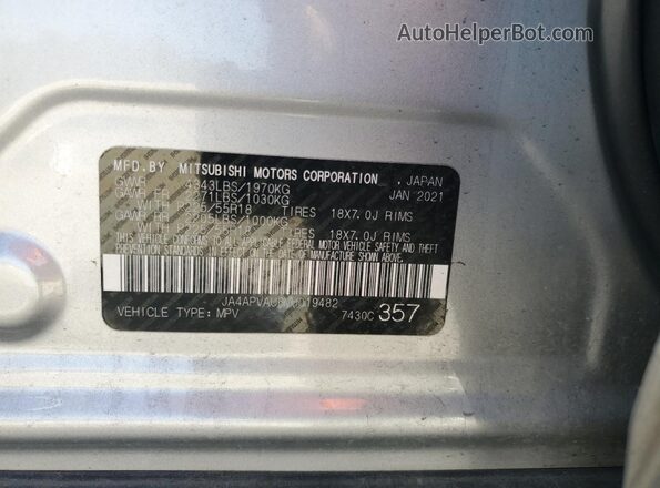 JA4APVAU6MU019482 2021 MITSUBISHI OUTLANDER Серебряный Вид наклейки с VIN-кодом