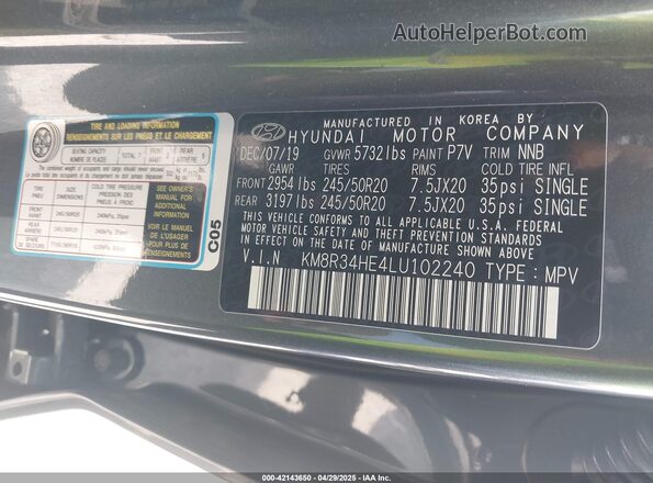 KM8R34HE4LU102240 2020 HYUNDAI PALISADE Gray Widok komory silnika
