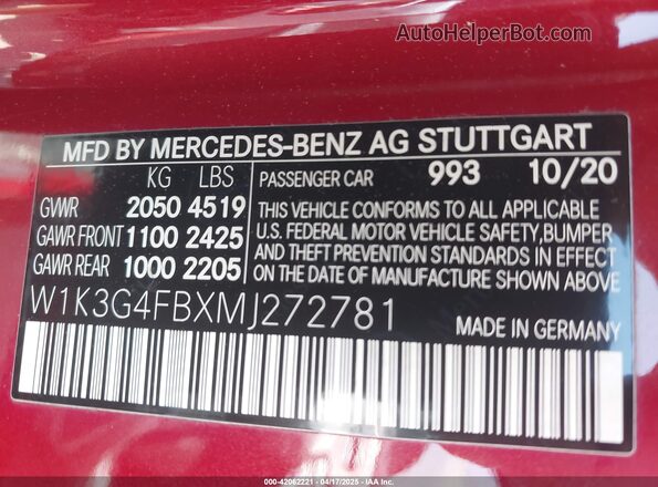 W1K3G4FBXMJ272781 2021 MERCEDES-BENZ A Red Vista del compartimento del motor