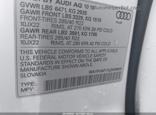 WA1FVAF17LD008900 2020 AUDI Q8 White ძრავის განყოფილების ხედი