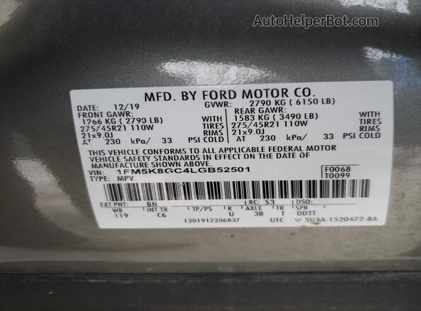1FM5K8GC4LGB52501 2020 FORD FORD EXPLORER Зеленый Вид наклейки с VIN-кодом