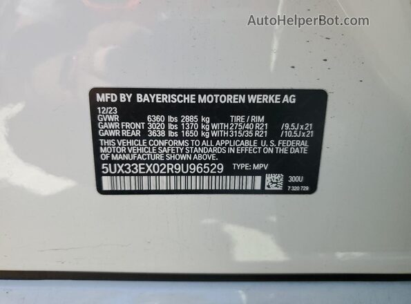 5UX33EX02R9U96529 2024 BMW X6 Белый Вид наклейки с VIN-кодом
