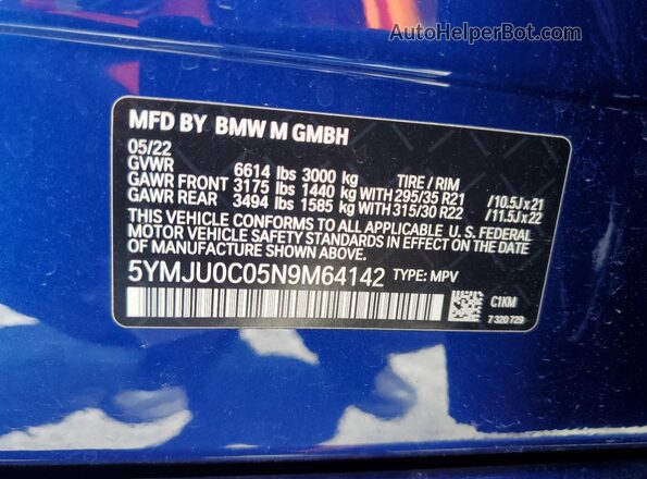 5YMJU0C05N9M64142 2022 BMW X5 Blue VIN sticker view