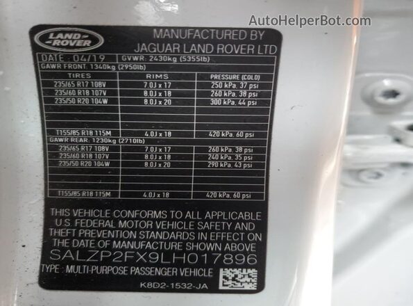 SALZP2FX9LH017896 2020 LAND ROVER RANGE White Vista de la etiqueta del VIN