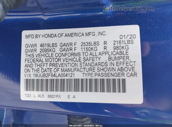 19UUB2F64LA004121 2020 ACURA TLX Синий Вид подкапотного пространства