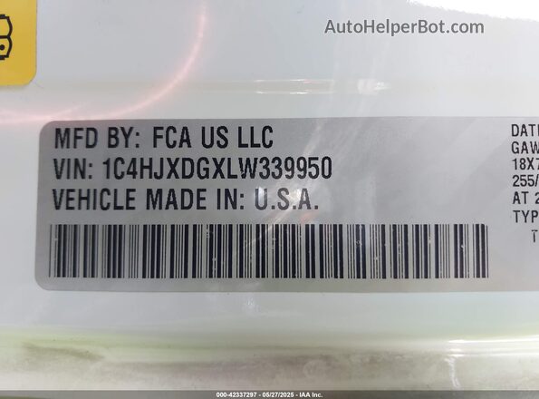 1C4HJXDGXLW339950 2020 JEEP WRANGLER UNLIMITED White Widok komory silnika