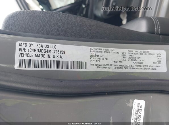 1C4RDJDG4MC725159 2021 DODGE DURANGO Серый Вид подкапотного пространства