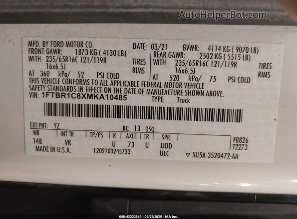 1FTBR1C8XMKA10485 2021 FORD TRANSIT-250 White Vista del compartimento del motor