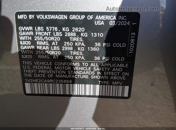 1V2HE2CA9RC235656 2024 VOLKSWAGEN ATLAS Gray Widok komory silnika