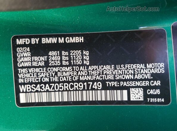 WBS43AZ05RCR91749 2024 BMW M4 Зеленый Вид наклейки с VIN-кодом