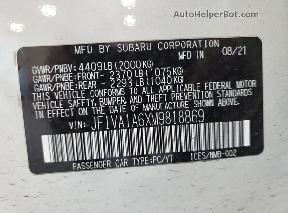 JF1VA1A6XM9818869 2021 SUBARU WRX White VIN კოდის სტიკერის ხედი