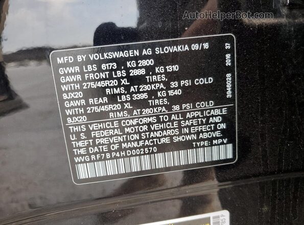 WVGRF7BP4HD002570 2017 VOLKSWAGEN TOUAREG Черный Вид наклейки с VIN-кодом