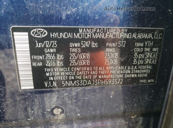 5NMS3DAJ3PH593572 2023 HYUNDAI SANTA Blue Вид наклейки з VIN-кодом