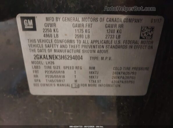 2GKALNEK3H6294004 2017 GMC TERRAIN Black Вид підкапотного простору