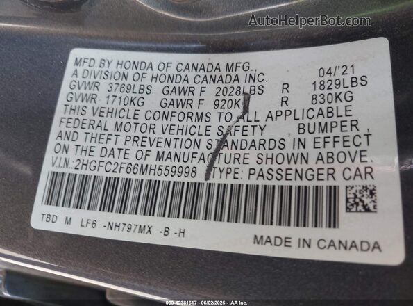 2HGFC2F66MH559998 2021 HONDA CIVIC Gray Vista del compartimento del motor