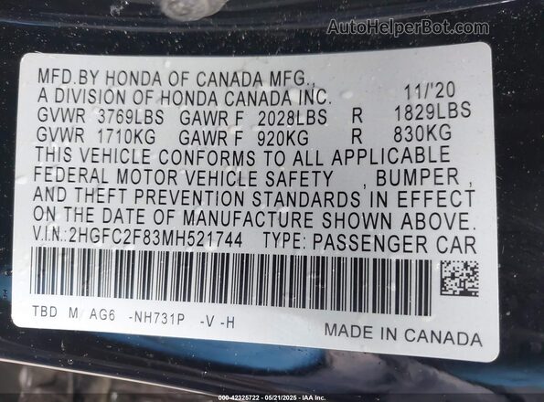 2HGFC2F83MH521744 2021 HONDA CIVIC Black Widok komory silnika