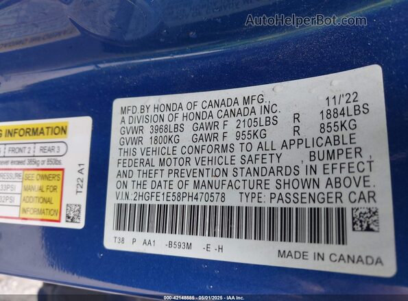 2HGFE1E58PH470578 2023 HONDA CIVIC SI Blue Vista del compartimento del motor