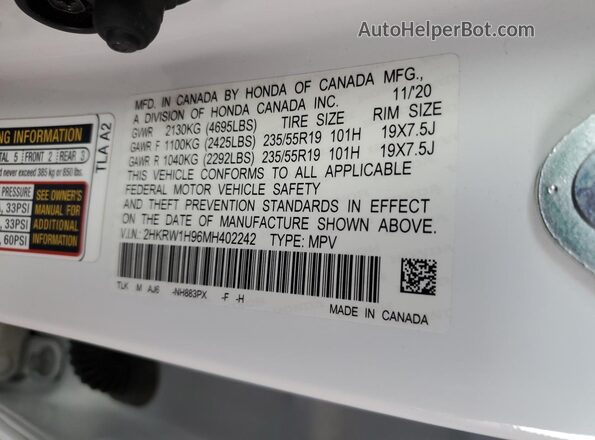 2HKRW1H96MH402242 2021 HONDA CR-V White Вид підкапотного простору