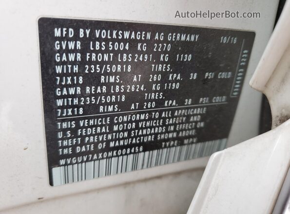 WVGUV7AX0HK008456 2017 VOLKSWAGEN TIGUAN Белый Вид наклейки с VIN-кодом