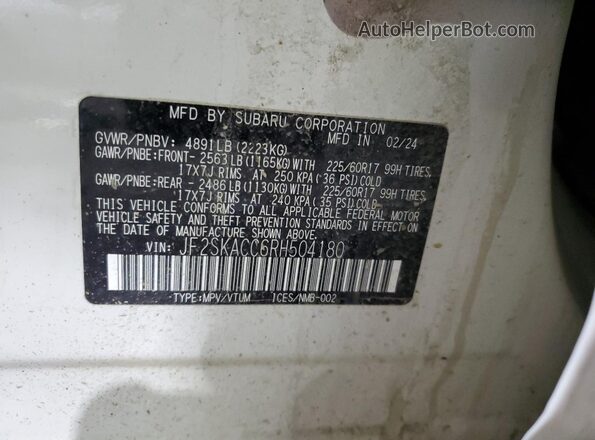 JF2SKACC6RH504180 2024 SUBARU FORESTER White Սալոնի 360 աստիճան տեսք