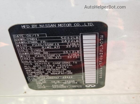 3PCAJ5M39KF144444 2019 INFINITI QX50 Белый Вид наклейки с VIN-кодом