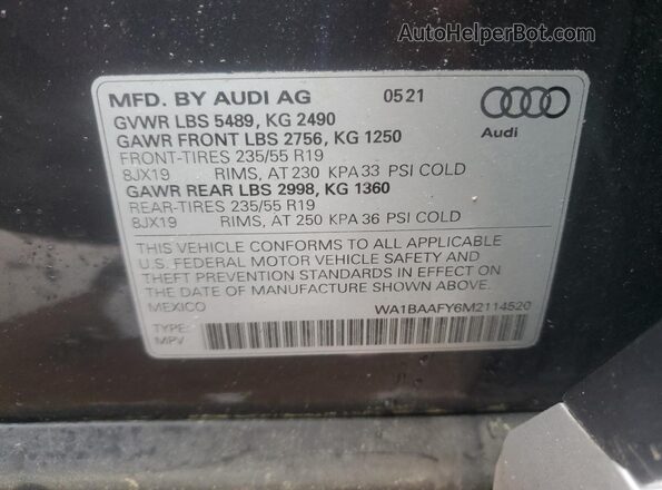 WA1BAAFY6M2114520 2021 AUDI Q5 Угольный Вид наклейки с VIN-кодом