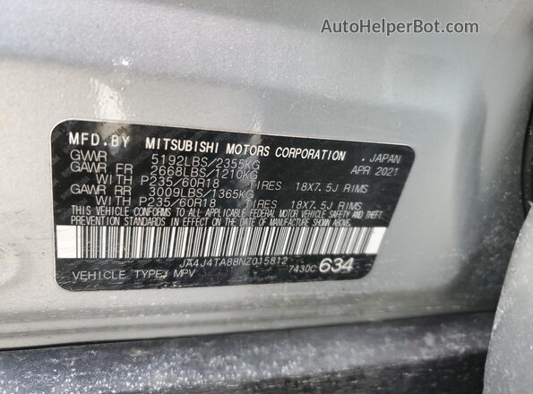 JA4J4TA88NZ015812 2022 MITSUBISHI OUTLANDER Серебряный Вид наклейки с VIN-кодом