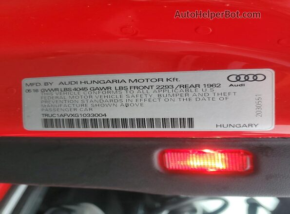 TRUC1AFVXG1033004 2016 AUDI TT Красный Вид подкапотного пространства