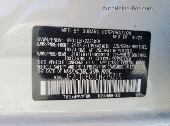 JF2GTDEC0LH235215 2020 SUBARU CROSSTREK Белый Вид наклейки с VIN-кодом