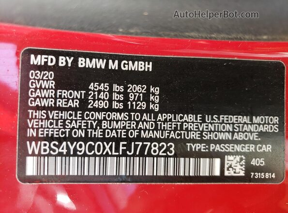 WBS4Y9C0XLFJ77823 2020 BMW M4 Red ძრავის განყოფილების ხედი