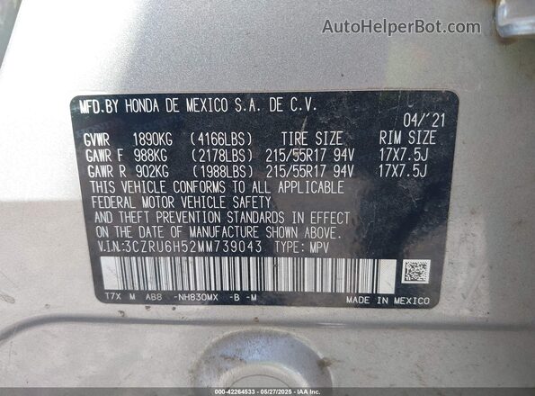3CZRU6H52MM739043 2021 HONDA HR-V Silver Widok komory silnika